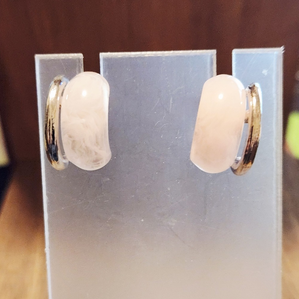 Pink Marbled Resin and Silver Tone Double Layer J-Hoop Stud Earrings